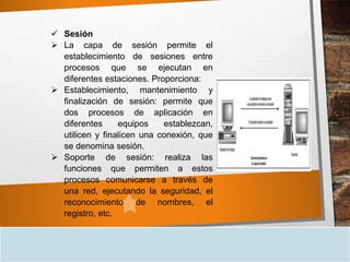  Sesión
 La capa de sesión permite el
establecimiento de sesiones entre
procesos que se ejecutan en
diferentes estaciones. Proporciona:
 Establecimiento, mantenimiento y
finalización de sesión: permite que
dos procesos de aplicación en
diferentes equipos establezcan,
utilicen y finalicen una conexión, que
se denomina sesión.
 Soporte de sesión: realiza las
funciones que permiten a estos
procesos comunicarse a través de
una red, ejecutando la seguridad, el
reconocimiento de nombres, el
registro, etc.
 