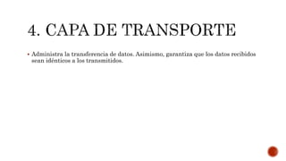  Administra la transferencia de datos. Asimismo, garantiza que los datos recibidos
sean idénticos a los transmitidos.
 
