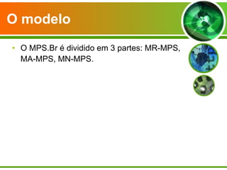 O modelo   O MPS.Br é dividido em 3 partes: MR-MPS, MA-MPS, MN-MPS.   