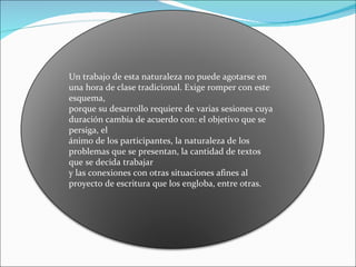 Un trabajo de esta naturaleza no puede agotarse en
una hora de clase tradicional. Exige romper con este
esquema,
porque su desarrollo requiere de varias sesiones cuya
duración cambia de acuerdo con: el objetivo que se
persiga, el
ánimo de los participantes, la naturaleza de los
problemas que se presentan, la cantidad de textos
que se decida trabajar
y las conexiones con otras situaciones afines al
proyecto de escritura que los engloba, entre otras.
 
