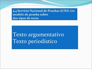 5.4 Servicio Nacional de Pruebas ICFES: Un
modelo de prueba sobre
dos tipos de texto




Texto argumentativo
Texto periodístico
 
