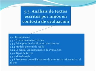 5.3. Análisis de textos
            escritos por niños en
           contexto de evaluación


5.3.1 Introducción
5.3.2 Fundamentación teórica
5.3.3 Principios de clasificación de criterios
5.3.4 Modelo general de rejilla
5.3.5 La rejilla, un instrumento de evaluación
5.3.6 Tipos de textos
5.3.7 Metodología
5.3.8 Propuesta de rejilla para evaluar un texto informativo: el
afiche
 