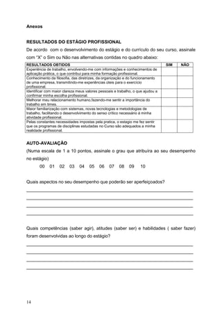14
Anexos
RESULTADOS DO ESTÁGIO PROFISSIONAL
De acordo com o desenvolvimento do estágio e do currículo do seu curso, assinale
com “X” o Sim ou Não nas alternativas contidas no quadro abaixo:
RESULTADOS OBTIDOS SIM NÃO
Experiência de trabalho, envolvendo-me com informações e conhecimentos de
aplicação prática, o que contribui para minha formação profissional.
Conhecimento da filosofia, das diretrizes, da organização e do funcionamento
de uma empresa, transmitindo-me experiências úteis para o exercício
profissional.
Identificar com maior clareza meus valores pessoais e trabalho, o que ajudou a
confirmar minha escolha profissional.
Melhorar meu relacionamento humano,fazendo-me sentir a importância do
trabalho em times.
Maior familiarização com sistemas, novas tecnologias e metodologias de
trabalho, facilitando o desenvolvimento do senso crítico necessário á minha
atividade profissional.
Pelas constantes necessidades impostas pela pratica, o estagio me fez sentir
que os programas de disciplinas estudadas no Curso são adequados a minha
realidade profissional.
AUTO-AVALIAÇÃO
(Numa escala de 1 a 10 pontos, assinale o grau que atribuíra ao seu desempenho
no estágio)
00 01 02 03 04 05 06 07 08 09 10
Quais aspectos no seu desempenho que poderão ser aperfeiçoados?
___________________________________________________________________
___________________________________________________________________
___________________________________________________________________
___________________________________________________________________
Quais competências (saber agir), atitudes (saber ser) e habilidades ( saber fazer)
foram desenvolvidas ao longo do estágio?
___________________________________________________________________
___________________________________________________________________
___________________________________________________________________
___________________________________________________________________
 