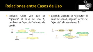  Include: Cada vez que se
“ejecuta” el caso de uso A,
también se “ejecuta” el caso de
uso B.
 Extend: Cuando se “ejecuta” el
caso de uso A, algunas veces se
“ejecuta” el caso de uso B.
 
