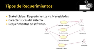  Stakeholders: Requerimientos vs. Necesidades
 Características del sistema
 Requerimientos de software.
 