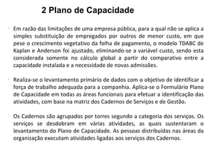 2 Plano de Capacidade
-
Em razão das limitações de uma empresa pública, para a qual não se aplica a
simples substituição de empregados por outros de menor custo, em que
pese o crescimento vegetativo da folha de pagamento, o modelo TDABC de
Kaplan e Anderson foi ajustado, eliminando-se a variável custo, sendo esta
considerada somente no cálculo global a partir do comparativo entre a
capacidade instalada e a necessidade de novas admissões.
-
Realiza-se o levantamento primário de dados com o objetivo de identificar a
força de trabalho adequada para a companhia. Aplica-se o Formulário Plano
de Capacidade em todas as áreas funcionais para efetuar a identificação das
atividades, com base na matriz dos Cadernos de Serviços e de Gestão.
-
Os Cadernos são agrupados por torres segundo a categoria dos serviços. Os
serviços se desdobram em várias atividades, as quais sustentaram o
levantamento do Plano de Capacidade. As pessoas distribuídas nas áreas da
organização executam atividades ligadas aos serviços dos Cadernos.
 