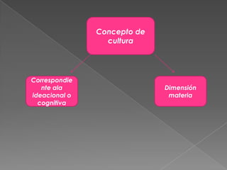 Concepto de
                 cultura




Correspondie
   nte ala                   Dimensión
ideacional o                  materia
  cognitiva
 