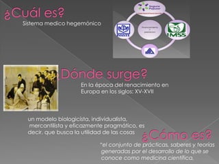Sistema medico hegemónico




                    En la época del renacimiento en
                    Europa en los siglos: XV-XVII




 un modelo biologicísta, individualista,
 mercantilista y eficazmente pragmático, es
 decir, que busca la utilidad de las cosas

                          “el conjunto de prácticas, saberes y teorías
                           generadas por el desarrollo de lo que se
                           conoce como medicina científica,
 