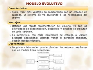 Característica
• Suele traer más ventajas en comparación con un enfoque de
cascada. El sistema se va ajustando a las necesidades del
cliente.
Ventajas
• Obtiene una rápida realimentación del usuario, ya que las
actividades de especificación, desarrollo y pruebas se ejecutan
en cada iteración.
• Es interactivo, con cada incremento se entrega al cliente
producto operacional, permite variar al personal asignado,
gestión riesgos técnicos.
Desventajas
• La primera interacción puede plantear los mismos problemas
que un modelo lineal secuencial.
MODELO EVOLUTIVO
 