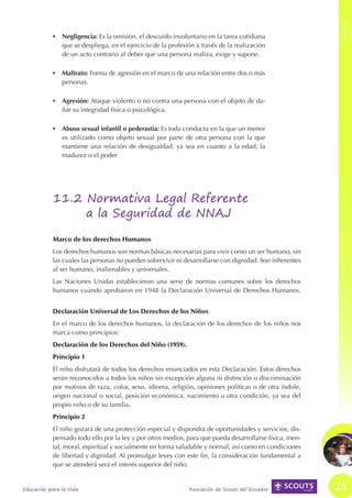ANEXOS
ANEXOS




                    •	 Negligencia: Es la omisión, el descuido involuntario en la tarea cotidiana
                       que se despliega, en el ejercicio de la profesión a través de la realización
                       de un acto contrario al deber que una persona realiza, exige y supone.

                    •	 Maltrato: Forma de agresión en el marco de una relación entre dos o más
                       personas.

                    •	 Agresión: Ataque violento o no contra una persona con el objeto de da-
                       ñar su integridad física o psicológica.

                    •	 Abuso sexual infantil o pederastia: Es toda conducta en la que un menor
                       es utilizado como objeto sexual por parte de otra persona con la que
                       mantiene una relación de desigualdad, ya sea en cuanto a la edad, la
                       madurez o el poder




                    11.2 Normativa Legal Referente
                         a la Seguridad de NNAJ

                    Marco de los derechos Humanos
                    Los derechos humanos son normas básicas necesarias para vivir como un ser humano, sin
                    las cuales las personas no pueden sobrevivir ni desarrollarse con dignidad. Son inherentes
                    al ser humano, inalienables y universales.
                    Las Naciones Unidas establecieron una serie de normas comunes sobre los derechos
                    humanos cuando aprobaron en 1948 la Declaración Universal de Derechos Humanos.


                    Declaración Universal de Los Derechos de los Niños
                    En el marco de los derechos humanos, la declaración de los derechos de los niños nos
                    marca como principios:
                    Declaración de los Derechos del Niño (1959).
                    Principio 1
                    El niño disfrutará de todos los derechos enunciados en esta Declaración. Estos derechos
                    serán reconocidos a todos los niños sin excepción alguna ni distinción o discriminación
                    por motivos de raza, color, sexo, idioma, religión, opiniones políticas o de otra índole,
                    origen nacional o social, posición económica, nacimiento u otra condición, ya sea del
                    propio niño o de su familia.
                    Principio 2
                    El niño gozará de una protección especial y dispondrá de oportunidades y servicios, dis-
                    pensado todo ello por la ley y por otros medios, para que pueda desarrollarse física, men-
                    tal, moral, espiritual y socialmente en forma saludable y normal, así como en condiciones
                    de libertad y dignidad. Al promulgar leyes con este fin, la consideración fundamental a
                    que se atenderá será el interés superior del niño.


         Educación para la Vida                                       Asociación de Scouts del Ecuador           25
 