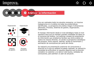 Analizar la información
Una vez realizados todos los estudios necesarios en Improva
trabajaremos en el análisis de todas las problemáticas
identificadas. La perspectiva de análisis integra 4 dimensiones
diferentes: Procesos, Sistemas de gestión, Organización,
Capacitación.
El manejar información desde el nivel estratégico hasta el nivel
operativo hace que se manejen grandes cantidades de datos en
el momento del análisis. Los sistemas visuales de presentación
de Información que empleamos facilitan que dicho análisis se
realice de manera eficiente, sin perder la perspectiva estratégica
del proyecto. Dicho soporte, además, facilita la transmisión y
asimilación de conclusiones por parte del cliente.
Se realizará una presentación preliminar de conclusiones a
dirección en la que se validará el trabajo realizado, se valorará la
necesidad de profundizar en aquellos aspectos que la dirección
considere no cubiertos y se dará el visto bueno, validadas las
conclusiones, para plantear un plan de actuación.
 