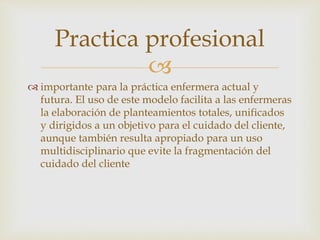 
 importante para la práctica enfermera actual y
futura. El uso de este modelo facilita a las enfermeras
la elaboración de planteamientos totales, unificados
y dirigidos a un objetivo para el cuidado del cliente,
aunque también resulta apropiado para un uso
multidisciplinario que evite la fragmentación del
cuidado del cliente
Practica profesional
 