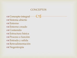 
CONCEPTOS
 Concepto integral
 Sistema abierto
 Entorno
 Entorno creado
 Contenido
 Estructura básica
 Proceso o función
 Entrada y salida
 Retroalimentación
 Negentropía
 