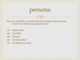 
En este modelo se presenta el concepto de persona
como un cliente que puede ser:
 Individuo
 Familia
 Grupo
 Comunidad
 Problema social
persona
 