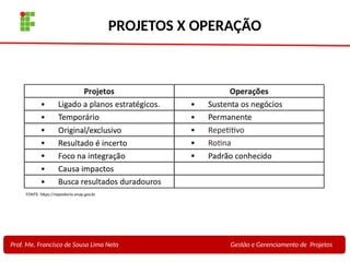 10
Profa. Maria Auxiliadora
Fonte:
PRESSMAN, ROGER - Engenharia de Software - 6° Edição
SOMMERVILLE - Engenharia de Software - 8° Edição
PROJETOS X OPERAÇÃO
Prof. Me. Francisco de Sousa Lima Neto Gestão e Gerenciamento de Projetos
FONTE: https://repositorio.enap.gov.br
 