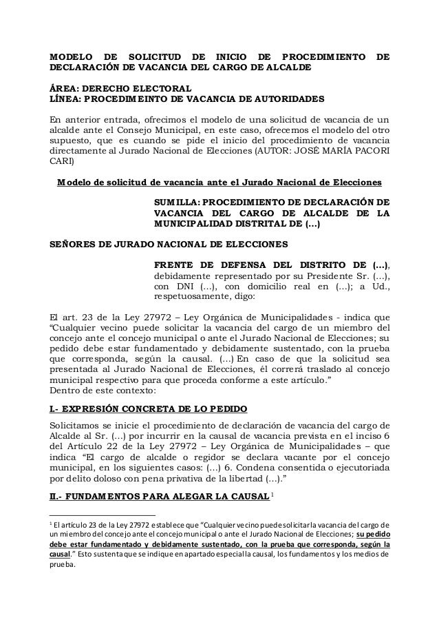 Modelo De Solicitud De Inicio De Procedimiento De Declaracion De Vaca