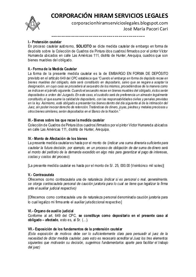 Modelo De Solicitud De Medida Cautelar De Embargo En Forma De Deposit