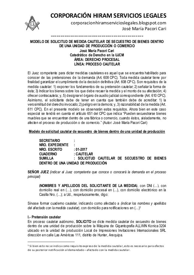 Modelo De Solicitud De Medida Cautelar De Secuestro De Bienes Dentro