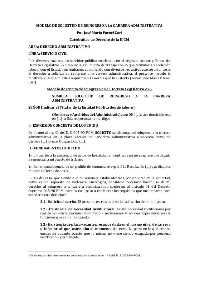 Modelo De Solicitud De Reingreso A La Carrera Administrativa Autor