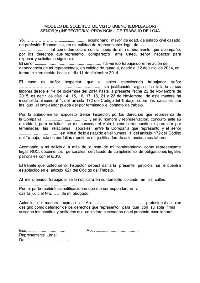 Modelo de Solicitud de Visto Bueno en Ecuador Modelo de Solicitud de Visto Bueno en Ecuador