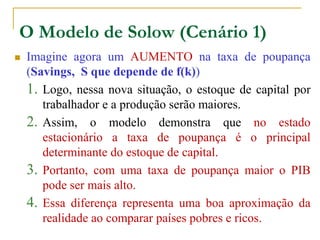 O Modelo de Solow (Cenário 1)
 Imagine agora um AUMENTO na taxa de poupança
(Savings, S que depende de f(k))
1. Logo, nessa nova situação, o estoque de capital por
trabalhador e a produção serão maiores.
2. Assim, o modelo demonstra que no estado
estacionário a taxa de poupança é o principal
determinante do estoque de capital.
3. Portanto, com uma taxa de poupança maior o PIB
pode ser mais alto.
4. Essa diferença representa uma boa aproximação da
realidade ao comparar países pobres e ricos.
 