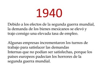 1940
Debido a los efectos de la segunda guerra mundial,
la demanda de los bienes mexicanos se elevó y
trajo consigo una elevada tasa de empleo.

Algunas empresas incrementaron los turnos de
trabajo para satisfacer las demandas
Internas que no podían ser satisfechas, porque los
países europeos padecían los horrores de la
segunda guerra mundial.
 