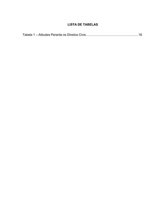 LISTA DE TABELAS
Tabela 1 – Atitudes Perante os Direitos Civis..................................................................16
 