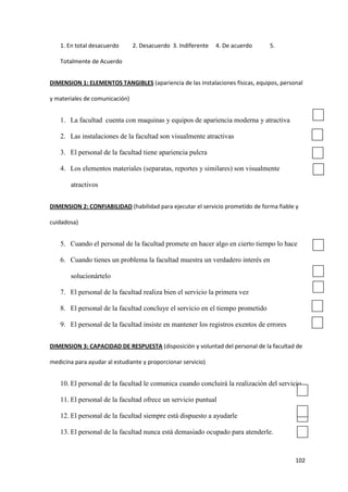 1. En total desacuerdo       2. Desacuerdo 3. Indiferente   4. De acuerdo    5.

   Totalmente de Acuerdo


DIMENSION 1: ELEMENTOS TANGIBLES (apariencia de las instalaciones físicas, equipos, personal

y materiales de comunicación)


   1. La facultad cuenta con maquinas y equipos de apariencia moderna y atractiva

   2. Las instalaciones de la facultad son visualmente atractivas

   3. El personal de la facultad tiene apariencia pulcra

   4. Los elementos materiales (separatas, reportes y similares) son visualmente

       atractivos


DIMENSION 2: CONFIABILIDAD (habilidad para ejecutar el servicio prometido de forma fiable y

cuidadosa)


   5. Cuando el personal de la facultad promete en hacer algo en cierto tiempo lo hace

   6. Cuando tienes un problema la facultad muestra un verdadero interés en

       solucionártelo

   7. El personal de la facultad realiza bien el servicio la primera vez

   8. El personal de la facultad concluye el servicio en el tiempo prometido

   9. El personal de la facultad insiste en mantener los registros exentos de errores


DIMENSION 3: CAPACIDAD DE RESPUESTA (disposición y voluntad del personal de la facultad de

medicina para ayudar al estudiante y proporcionar servicio)


   10. El personal de la facultad le comunica cuando concluirá la realización del servicio

   11. El personal de la facultad ofrece un servicio puntual

   12. El personal de la facultad siempre está dispuesto a ayudarle

   13. El personal de la facultad nunca está demasiado ocupado para atenderle.



                                                                                         102
 