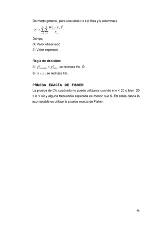 De modo general, para una tabla r x k (r filas y k columnas)
        r    k     (Oij − Eij ) 2
 χ = ∑∑
   2

       i =1 j =1        Eij

Donde,
O: Valor observado
E: Valor esperado


Regla de decisión:
Si χ Calculado > χ Tabla , se rechaza Ho Ó
     2             2



Si α > p , se rechaza Ho.


PRUEBA EXACTA DE FISHER
La prueba de Chi cuadrado no puede utilizarse cuando el n < 20 o bien 20
< n < 40 y alguna frecuencia esperada es menor que 5. En estos casos lo
aconsejable es utilizar la prueba exacta de Fisher.




                                                                     46
 