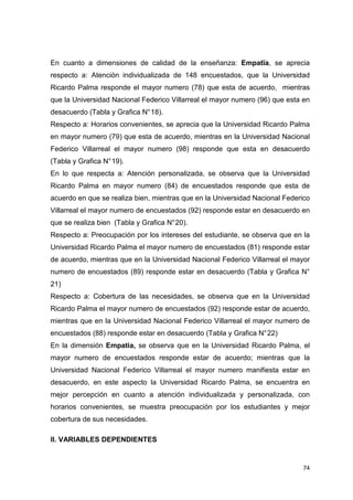 En cuanto a dimensiones de calidad de la enseñanza: Empatïa, se aprecia
respecto a: Atención individualizada de 148 encuestados, que la Universidad
Ricardo Palma responde el mayor numero (78) que esta de acuerdo, mientras
que la Universidad Nacional Federico Villarreal el mayor numero (96) que esta en
desacuerdo (Tabla y Grafica N° 18).
Respecto a: Horarios convenientes, se aprecia que la Universidad Ricardo Palma
en mayor numero (79) que esta de acuerdo, mientras en la Universidad Nacional
Federico Villarreal el mayor numero (98) responde que esta en desacuerdo
(Tabla y Grafica N° 19).
En lo que respecta a: Atención personalizada, se observa que la Universidad
Ricardo Palma en mayor numero (84) de encuestados responde que esta de
acuerdo en que se realiza bien, mientras que en la Universidad Nacional Federico
Villarreal el mayor numero de encuestados (92) responde estar en desacuerdo en
que se realiza bien (Tabla y Grafica N° 20).
Respecto a: Preocupación por los intereses del estudiante, se observa que en la
Universidad Ricardo Palma el mayor numero de encuestados (81) responde estar
de acuerdo, mientras que en la Universidad Nacional Federico Villarreal el mayor
numero de encuestados (89) responde estar en desacuerdo (Tabla y Grafica N°
21)
Respecto a: Cobertura de las necesidades, se observa que en la Universidad
Ricardo Palma el mayor numero de encuestados (92) responde estar de acuerdo,
mientras que en la Universidad Nacional Federico Villarreal el mayor numero de
encuestados (88) responde estar en desacuerdo (Tabla y Grafica N° 22)
En la dimensión Empatia, se observa que en la Universidad Ricardo Palma, el
mayor numero de encuestados responde estar de acuerdo; mientras que la
Universidad Nacional Federico Villarreal el mayor numero manifiesta estar en
desacuerdo, en este aspecto la Universidad Ricardo Palma, se encuentra en
mejor percepción en cuanto a atención individualizada y personalizada, con
horarios convenientes, se muestra preocupación por los estudiantes y mejor
cobertura de sus necesidades.

II. VARIABLES DEPENDIENTES


                                                                             74
 