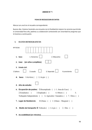 ANEXO N ° 1



                              FICHA DE RECOLECCION DE DATOS


Marcar con una X en el recuadro correspondiente

Buenos días. Estamos haciendo una encuesta con la finalidad de mejorar los servicios que brinda
la Universidad Para ello, pedimos su colaboración contestando con sinceridad las preguntas que
le haremos a continuación.



  I.    DATOS DEMOGRAFICOS


Nº FICHA




   1. Sexo:            1. femenino                   2. Masculino


   2. Edad:     (en años cumplidos)


   3. Estado civil:

1 Soltero              2.casado               3. Separado            4.conviviente


   4.   Sexo: 1.Hombre (          ) 2. Mujer ( )



   5. Año de estudio:

   6. Ocupación de padres: 0.Desempleado ( ) 1. Ama de Casa ( )
        2.Estudiante ( )          3.Empleado ( )            4. Obrero ( )                 5.
        Trabajador Independiente ( )        6. Agricultor / Ganadero. ( ) 7. Otros ( )

   7. Lugar de Residencia:           0.Urbano (    ) 1. Urbano – Marginal (       )


   8. Medio de transporte: 0. Vehículo ( ) 1.A pie ( )               2. Otro (        )


   9. Accesibilidad (en minutos)__________________________________________


                                                                                               98
 