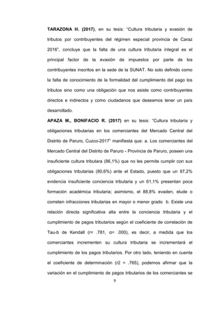 9
TARAZONA H. (2017), en su tesis: “Cultura tributaria y evasión de
tributos por contribuyentes del régimen especial provincia de Caraz
2016”, concluye que la falta de una cultura tributaria integral es el
principal factor de la evasión de impuestos por parte de los
contribuyentes inscritos en la sede de la SUNAT. No solo definido como
la falta de conocimiento de la formalidad del cumplimiento del pago los
tributos sino como una obligación que nos asiste como contribuyentes
directos e indirectos y como ciudadanos que deseamos tener un país
desarrollado.
APAZA M., BONIFACIO R. (2017) en su tesis: “Cultura tributaria y
obligaciones tributarias en los comerciantes del Mercado Central del
Distrito de Paruro, Cuzco-2017” manifiesta que: a. Los comerciantes del
Mercado Central del Distrito de Paruro - Provincia de Paruro, poseen una
insuficiente cultura tributara (86,1%) que no les permite cumplir con sus
obligaciones tributarias (80,6%) ante el Estado, puesto que un 97,2%
evidencia insuficiente conciencia tributaria y un 61,1% presentan poca
formación académica tributaria; asimismo, el 88,8% evaden, elude o
cometen infracciones tributarias en mayor o menor grado b. Existe una
relación directa significativa alta entre la conciencia tributaria y el
cumplimiento de pagos tributarios según el coeficiente de correlación de
Tau-b de Kendall (r= .781, α= .000), es decir, a medida que los
comerciantes incrementen su cultura tributaria se incrementará el
cumplimiento de los pagos tributarios. Por otro lado, teniendo en cuenta
el coeficiente de determinación (r2 = .765), podemos afirmar que la
variación en el cumplimiento de pagos tributarios de los comerciantes se
 