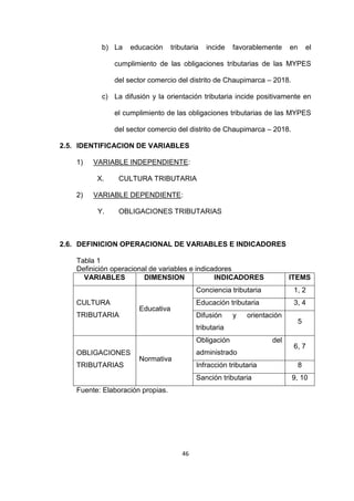 46
b) La educación tributaria incide favorablemente en el
cumplimiento de las obligaciones tributarias de las MYPES
del sector comercio del distrito de Chaupimarca – 2018.
c) La difusión y la orientación tributaria incide positivamente en
el cumplimiento de las obligaciones tributarias de las MYPES
del sector comercio del distrito de Chaupimarca – 2018.
2.5. IDENTIFICACION DE VARIABLES
1) VARIABLE INDEPENDIENTE:
X. CULTURA TRIBUTARIA
2) VARIABLE DEPENDIENTE:
Y. OBLIGACIONES TRIBUTARIAS
2.6. DEFINICION OPERACIONAL DE VARIABLES E INDICADORES
Tabla 1
Definición operacional de variables e indicadores
VARIABLES DIMENSION INDICADORES ITEMS
CULTURA
TRIBUTARIA
Educativa
Conciencia tributaria 1, 2
Educación tributaria 3, 4
Difusión y orientación
tributaria
5
OBLIGACIONES
TRIBUTARIAS
Normativa
Obligación del
administrado
6, 7
Infracción tributaria 8
Sanción tributaria 9, 10
Fuente: Elaboración propias.
 