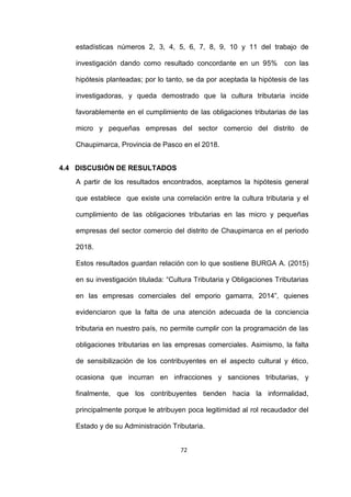 72
estadísticas números 2, 3, 4, 5, 6, 7, 8, 9, 10 y 11 del trabajo de
investigación dando como resultado concordante en un 95% con las
hipótesis planteadas; por lo tanto, se da por aceptada la hipótesis de las
investigadoras, y queda demostrado que la cultura tributaria incide
favorablemente en el cumplimiento de las obligaciones tributarias de las
micro y pequeñas empresas del sector comercio del distrito de
Chaupimarca, Provincia de Pasco en el 2018.
4.4 DISCUSIÓN DE RESULTADOS
A partir de los resultados encontrados, aceptamos la hipótesis general
que establece que existe una correlación entre la cultura tributaria y el
cumplimiento de las obligaciones tributarias en las micro y pequeñas
empresas del sector comercio del distrito de Chaupimarca en el periodo
2018.
Estos resultados guardan relación con lo que sostiene BURGA A. (2015)
en su investigación titulada: “Cultura Tributaria y Obligaciones Tributarias
en las empresas comerciales del emporio gamarra, 2014”, quienes
evidenciaron que la falta de una atención adecuada de la conciencia
tributaria en nuestro país, no permite cumplir con la programación de las
obligaciones tributarias en las empresas comerciales. Asimismo, la falta
de sensibilización de los contribuyentes en el aspecto cultural y ético,
ocasiona que incurran en infracciones y sanciones tributarias, y
finalmente, que los contribuyentes tienden hacia la informalidad,
principalmente porque le atribuyen poca legitimidad al rol recaudador del
Estado y de su Administración Tributaria.
 