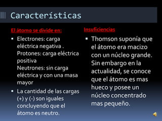 Características <br />Insuficiencias <br />El átomo se divide en:<br />Electrones: carga eléctrica negativa .Protones: car...