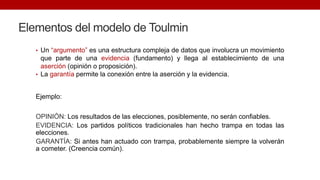 Elementos del modelo de Toulmin
• Un “argumento” es una estructura compleja de datos que involucra un movimiento
que parte de una evidencia (fundamento) y llega al establecimiento de una
aserción (opinión o proposición).
• La garantía permite la conexión entre la aserción y la evidencia.
Ejemplo:
OPINIÓN: Los resultados de las elecciones, posiblemente, no serán confiables.
EVIDENCIA: Los partidos políticos tradicionales han hecho trampa en todas las
elecciones.
GARANTÍA: Si antes han actuado con trampa, probablemente siempre la volverán
a cometer. (Creencia común).
 
