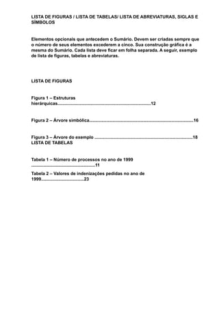 LISTA DE FIGURAS / LISTA DE TABELAS/ LISTA DE ABREVIATURAS, SIGLAS E
SÍMBOLOS
Elementos opcionais que antecedem o Sumário. Devem ser criadas sempre que
o número de seus elementos excederem a cinco. Sua construção gráfica é a
mesma do Sumário. Cada lista deve ficar em folha separada. A seguir, exemplo
de lista de figuras, tabelas e abreviaturas.
LISTA DE FIGURAS
Figura 1 – Estruturas
hierárquicas............................................................................12
Figura 2 – Árvore simbólica.....................................................................................16
Figura 3 – Árvore do exemplo ................................................................................18
LISTA DE TABELAS
Tabela 1 – Número de processos no ano de 1999
....................................................11
Tabela 2 – Valores de indenizações pedidas no ano de
1999...................................23
 