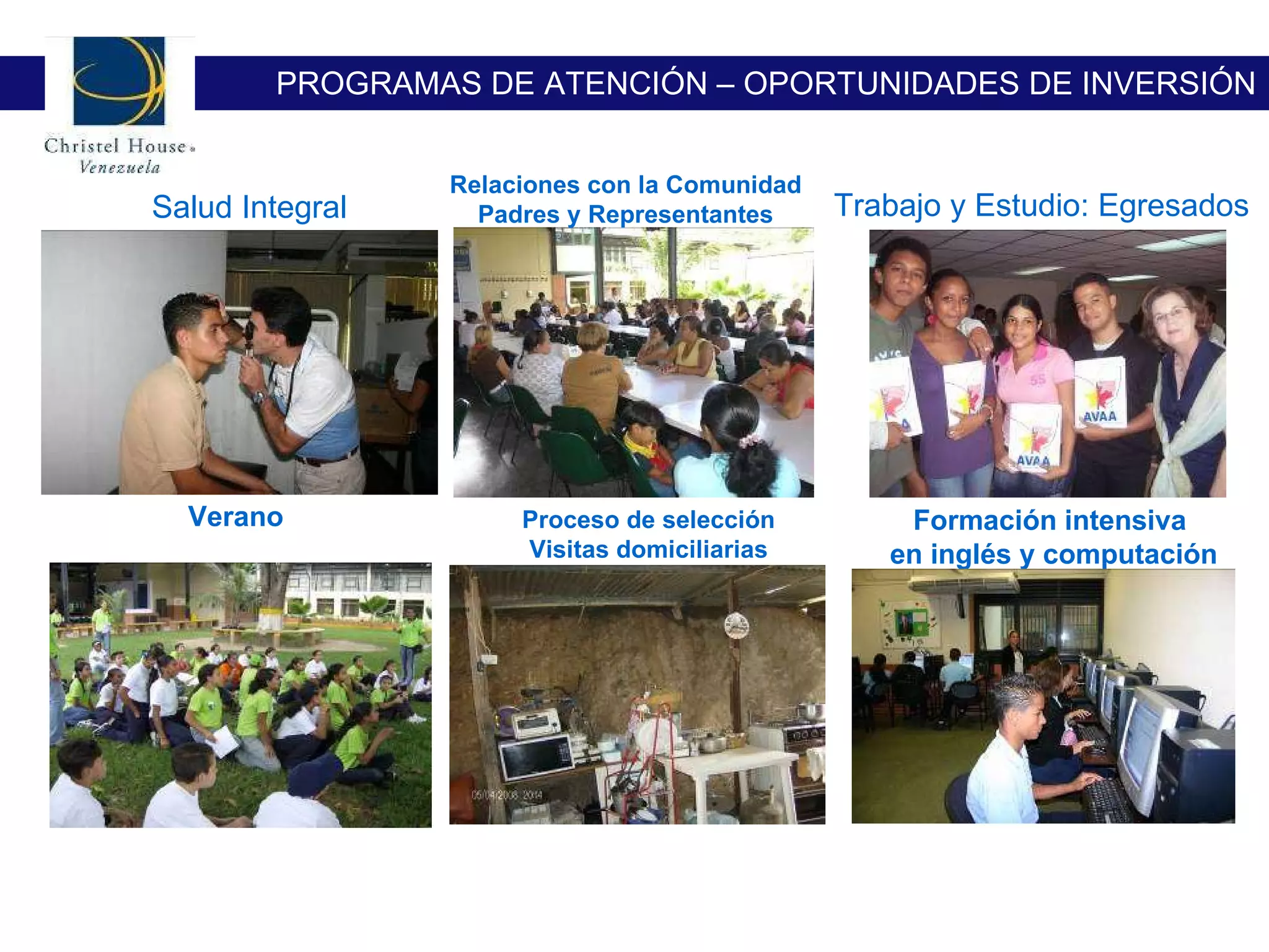 Salud Integral Relaciones con la Comunidad Padres y Representantes Trabajo y Estudio: Egresados Verano Formación intensiva  en inglés y computación Proceso de selección Visitas domiciliarias PROGRAMAS DE ATENCIÓN – OPORTUNIDADES DE INVERSIÓN 
