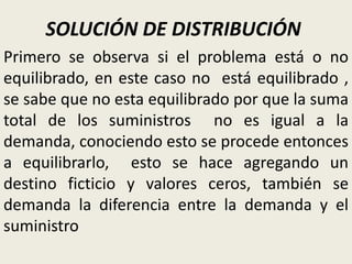 SOLUCIÓN DE DISTRIBUCIÓN
Primero se observa si el problema está o no
equilibrado, en este caso no está equilibrado ,
se sabe que no esta equilibrado por que la suma
total de los suministros no es igual a la
demanda, conociendo esto se procede entonces
a equilibrarlo, esto se hace agregando un
destino ficticio y valores ceros, también se
demanda la diferencia entre la demanda y el
suministro
 