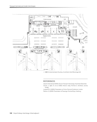 Transport terminals and modal interchanges
102 Airport/railway interchange: linked adjacent
Arrivals concourse Cafe
Car hire
Lost  found
Catering
Lorry park
Customs
Baggage reclaim
Baggage handling
Bonded
storage
Ramp accommodation
Bussing lounge
0 50 100 metres
 6.88 Arrivals level plan (Courtesy of architects Scott Brownrigg Ltd).
REFERENCES
Airports International (2002). Ground Transport Interchange. November/December.
Church, J., Aplin, D. et al. (1993). Interiors study, Terminal 2. Architects Journal,
19 May.
Longworth, R. (2003). Presentation at Future Terminal Conference, London.
Pearson, S. (2003). Presentation at Passenger Terminal Expo, Hamburg.
 