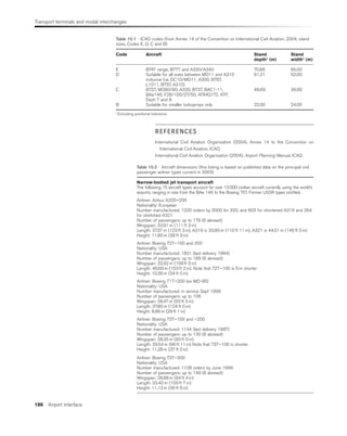 Transport terminals and modal interchanges
186 Airport interface
REFERENCES
International Civil Aviation Organisation (2004). Annex 14 to the Convention on
International Civil Aviation. ICAO.
International Civil Aviation Organisation (2004). Airport Planning Manual. ICAO.
Table 10.2 Aircraft dimensions (this listing is based on published data on the principal civil
passenger airliner types current in 2003)
Narrow-bodied jet transport aircraft
The following 15 aircraft types account for over 13000 civilian aircraft currently using the world’s
airports, ranging in size from the BAe 146 to the Boeing 757. Former USSR types omitted.
Airliner: Airbus A320–200
Nationality: European
Number manufactured: 1220 orders by 2000 for 320, and 603 for shortened A319 and 264
for stretched A321
Number of passengers: up to 179 (6 abreast)
Wingspan: 33.91 m (111 ft 3 in)
Length: 37.57 m (123 ft 3 in), A319 is 33.80 m (110 ft 11 in), A321 is 44.51 m (146 ft 0 in)
Height: 11.80 m (38 ft 9 in)
Airliner: Boeing 727–100 and 200
Nationality: USA
Number manufactured: 1831 (last delivery 1984)
Number of passengers: up to 189 (6 abreast)
Wingspan: 32.92 m (108 ft 0 in)
Length: 46.69 m (153 ft 2 in). Note that 727–100 is 6 m shorter
Height: 10.36 m (34 ft 0 in)
Airliner: Boeing 717–200 (ex MD-95)
Nationality: USA
Number manufactured: in service Sept 1999
Number of passengers: up to 106
Wingspan: 28.47 m (93 ft 5 in)
Length: 37.80 m (124 ft 0 in)
Height: 8.86 m (29 ft 1 in)
Airliner: Boeing 737–100 and –200
Nationality: USA
Number manufactured: 1144 (last delivery 1987)
Number of passengers: up to 130 (6 abreast)
Wingspan: 28.35 m (93 ft 0 in)
Length: 29.54 m (96 ft 11 in) Note that 737–100 is shorter
Height: 11.28 m (37 ft 0 in)
Airliner: Boeing 737–300
Nationality: USA
Number manufactured: 1108 orders by June 1999
Number of passengers: up to 149 (6 abreast)
Wingspan: 28.88 m (94 ft 4 in)
Length: 33.40 m (109 ft 7 in)
Height: 11.13 m (36 ft 6 in)
Table 10.1 ICAO codes (from Annex 14 of the Convention on International Civil Aviation, 2004; stand
sizes, Codes E, D, C and B)
Code Aircraft Stand Stand
depth* (m) width* (m)
E B747 range, B777 and A330/A340 70.66 65.00
D Suitable for all sizes between MD11 and A310 61.21 52.00
inclusive (i.e. DC10/MD11, A300, B767,
L1011, B757, A310)
C B727, MD80/90, A320, B737, BAC1-11, 46.69 36.00
BAe146, F28/100/27/50, ATR42/72, ATP,
Dash 7 and 8
B Suitable for smaller turboprops only 22.00 24.00
*Excluding positional tolerance.
 