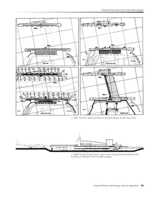 Transport terminals and modal interchanges
Airport/railway interchange: vertical separation 59
 6.27 Terminal 1 plans (Courtesy of architects Murphy  Jahn, New York).
7 8
3
2
1
10
 6.28 Chicago O’Hare Airport: cross-section through International Terminal 5
(Courtesy of architects Perkins  Will, Chicago).
 