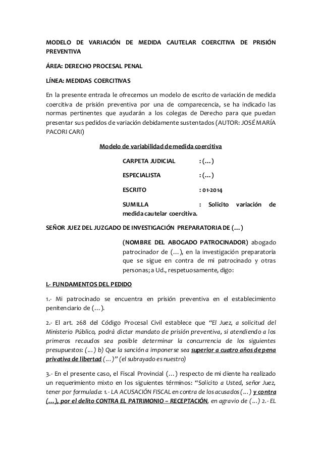 Modelo De Variacion De Medida Cautelar Coercitiva De Prision Preventi