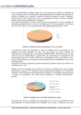  
VIII Convibra Administração – Congresso Virtual Brasileiro de Administração – www.convibra.com.br
Com essas informações, podemos relatar que o setor apresenta um déficit na qualidade de
vida no trabalho, pois seus colaboradores costumeiramente levam trabalhos para além de sua
jornada de trabalho. Isso, segundo o modelo de Walton, descumpre o quesito “Trabalho e
espaço total de vida” porque nesse setor os colaboradores deixam de realizar atividades
pessoais para eliminarem pendências do trabalho.
Outro quesito pesquisado foi sobre se existem ações que minimizam os riscos associados às
atividades que desenvolvem no setor, foi verificado que 87% dos pesquisados confirmaram
não existir tais ações e só 13% mostraram não saber alguma informação sobre o tema.
Gráfico 13: Existência de ações que minimizam os riscos no trabalho
A existência de ações que minimizam os riscos no trabalho auxilia na construção de um
ambiente com maior qualidade de vida, visto que propicia um maior conforto aos
colaboradores na realização de suas atividades. (CHIAVENATO, 2002) Entretanto, isto não
ocorre no setor de administração, segundo relato dos colaboradores. Os pesquisados não
demonstraram interesse ou mesmo não viam a necessidade de existir essas ações no setor,
com isso constatamos que esse quesito não afetará negativamente a qualidade de vida no setor
de administração.
No aspecto em relação à segurança no próprio ambiente de trabalho, todos foram unânimes ao
responderem que “sim”.
Quanto ao nível de satisfação dos servidores em relação ao equilíbrio entre suas atividades
profissionais e pessoais, 25% afirmaram estarem parcialmente insatisfeitos, 37% totalmente
satisfeitos e 38% afirmaram estarem parcialmente satisfeitos. Tal resultado evidencia que para
a maioria dos pesquisados, está sendo possível equilibrar as atividades profissionais e
pessoais.
Gráfico 14: Equilíbrio entre as atividades profissionais e pessoais
No aspecto que envolve a satisfação dos pesquisados com o grau de receptividade de suas
ideias/sugestões no desenvolvimento das atividades do seu setor, constatou-se que 62%
 