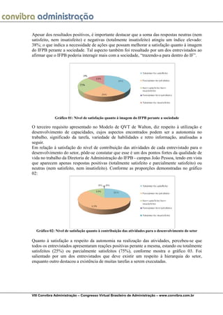  
VIII Convibra Administração – Congresso Virtual Brasileiro de Administração – www.convibra.com.br
Apesar dos resultados positivos, é importante destacar que a soma das respostas neutras (nem
satisfeito, nem insatisfeito) e negativas (totalmente insatisfeito) atingiu um índice elevado:
38%; o que indica a necessidade de ações que possam melhorar a satisfação quanto à imagem
do IFPB perante a sociedade. Tal aspecto também foi ressaltado por um dos entrevistados ao
afirmar que o IFPB poderia interagir mais com a sociedade, “trazendo-a para dentro do IF”.
Gráfico 01: Nível de satisfação quanto à imagem do IFPB perante a sociedade
O terceiro requisito apresentado no Modelo de QVT de Walton, diz respeito à utilização e
desenvolvimento de capacidades, cujos aspectos encontrados podem ser a autonomia no
trabalho, significado da tarefa, variedade de habilidades e retro informação, analisadas a
seguir.
Em relação à satisfação do nível de contribuição das atividades de cada entrevistado para o
desenvolvimento do setor, pôde-se constatar que esse é um dos pontos fortes da qualidade de
vida no trabalho da Diretoria de Administração do IFPB - campus João Pessoa, tendo em vista
que aparecem apenas respostas positivas (totalmente satisfeito e parcialmente satisfeito) ou
neutras (nem satisfeito, nem insatisfeito). Conforme as proporções demonstradas no gráfico
02:
Gráfico 02: Nível de satisfação quanto à contribuição das atividades para o desenvolvimento do setor
Quanto à satisfação a respeito da autonomia na realização das atividades, percebeu-se que
todos os entrevistados apresentaram reações positivas perante a mesma, estando ou totalmente
satisfeitos (25%) ou parcialmente satisfeitos (75%), conforme mostra o gráfico 03. Foi
salientado por um dos entrevistados que deve existir um respeito à hierarquia do setor,
enquanto outro destacou a existência de muitas tarefas a serem executadas.
 