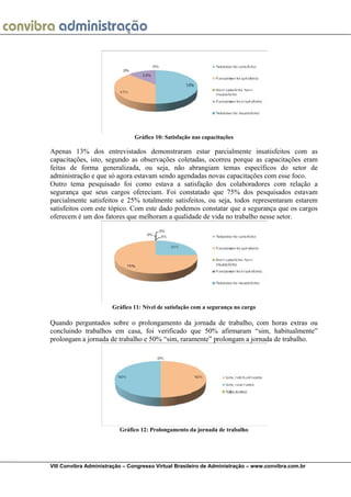  
VIII Convibra Administração – Congresso Virtual Brasileiro de Administração – www.convibra.com.br
Gráfico 10: Satisfação nas capacitações
Apenas 13% dos entrevistados demonstraram estar parcialmente insatisfeitos com as
capacitações, isto, segundo as observações coletadas, ocorreu porque as capacitações eram
feitas de forma generalizada, ou seja, não abrangiam temas específicos do setor de
administração e que só agora estavam sendo agendadas novas capacitações com esse foco.
Outro tema pesquisado foi como estava a satisfação dos colaboradores com relação a
segurança que seus cargos ofereciam. Foi constatado que 75% dos pesquisados estavam
parcialmente satisfeitos e 25% totalmente satisfeitos, ou seja, todos representaram estarem
satisfeitos com este tópico. Com este dado podemos constatar que a segurança que os cargos
oferecem é um dos fatores que melhoram a qualidade de vida no trabalho nesse setor.
Gráfico 11: Nível de satisfação com a segurança no cargo
Quando perguntados sobre o prolongamento da jornada de trabalho, com horas extras ou
concluindo trabalhos em casa, foi verificado que 50% afirmaram “sim, habitualmente”
prolongam a jornada de trabalho e 50% “sim, raramente” prolongam a jornada de trabalho.
Gráfico 12: Prolongamento da jornada de trabalho
 