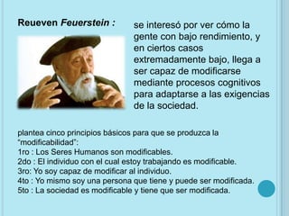 Reueven Feuerstein :           se interesó por ver cómo la
                               gente con bajo rendimiento, y
                               en ciertos casos
                               extremadamente bajo, llega a
                               ser capaz de modificarse
                               mediante procesos cognitivos
                               para adaptarse a las exigencias
                               de la sociedad.

plantea cinco principios básicos para que se produzca la
“modificabilidad”:
1ro : Los Seres Humanos son modificables.
2do : El individuo con el cual estoy trabajando es modificable.
3ro: Yo soy capaz de modificar al individuo.
4to : Yo mismo soy una persona que tiene y puede ser modificada.
5to : La sociedad es modificable y tiene que ser modificada.
 
