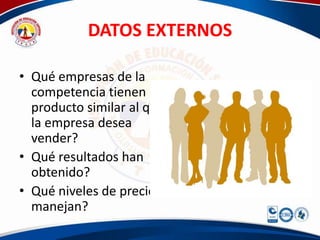 DATOS EXTERNOS

• Qué empresas de la
  competencia tienen un
  producto similar al que
  la empresa desea
  vender?
• Qué resultados han
  obtenido?
• Qué niveles de precios
  manejan?
 
