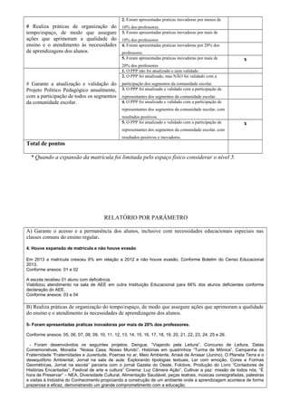# Realiza práticas de organização do 
tempo/espaço, de modo que assegure 
ações que aprimoram a qualidade do 
ensino e o atendimento às necessidades 
de aprendizagens dos alunos. 
2. Foram apresentadas praticas inovadoras por menos de 
10% dos professores. 
3. Foram apresentadas praticas inovadoras por mais de 
10% dos professores 
4. Foram apresentadas praticas inovadoras por 20% dos 
professores. 
5. Foram apresentadas praticas inovadoras por mais de 
20% dos professores 
x 
# Garante a atualização e validação do 
Projeto Político Pedagógico anualmente, 
com a participação de todos os segmentos 
da comunidade escolar. 
1. O PPP não foi atualizado e nem validado. 
2. O PPP foi atualizado, mas NÃO foi validado com a 
participação dos segmentos da comunidade escolar. 
3. O PPP foi atualizado e validado com a participação de 
representantes dos segmentos da comunidade escolar. 
4. O PPP foi atualizado e validado com a participação de 
representantes dos segmentos da comunidade escolar, com 
resultados positivos. 
5. O PPP foi atualizado e validado com a participação de 
representantes dos segmentos da comunidade escolar, com 
resultados positivos e inovadores. 
x 
Total de pontos 
* Quando a expansão da matrícula foi limitada pelo espaço físico considerar o nível 5. 
RELATÓRIO POR PARÂMETRO 
A) Garante o acesso e a permanência dos alunos, inclusive com necessidades educacionais especiais nas 
classes comuns do ensino regular. 
4. Houve expansão de matrícula e não houve evasão 
Em 2013 a matrícula cresceu 6% em relação a 2012 e não houve evasão. Conforme Boletim do Censo Educacional 
2013. 
Conforme anexos: 01 e 02 
A escola recebeu 01 aluno com deficiência. 
Viabilizou atendimento na sala de AEE em outra Instituição Educacional para 66% dos alunos deficientes conforme 
declaração do AEE. 
Conforme anexos: 03 e 04 
B) Realiza práticas de organização do tempo/espaço, de modo que assegure ações que aprimoram a qualidade 
do ensino e o atendimento às necessidades de aprendizagens dos alunos. 
5- Foram apresentadas praticas inovadoras por mais de 20% dos professores. 
Conforme anexos: 05, 06, 07, 08, 09, 10, 11, 12, 13, 14, 15, 16, 17, 18, 19, 20, 21, 22, 23, 24, 25 e 26. 
- Foram desenvolvidos os seguintes projetos: Dengue, “Viajando pela Leitura”, Concurso de Leitura, Datas 
Comemorativas, Moradia: “Nossa Casa, Nosso Mundo”, Histórias em quadrinhos “Turma de Mônica”, Campanha da 
Fraternidade “Fraternidades e Juventude, Poemas no ar, Meio Ambiente, Arraiá de Arrasar (Junino), O Planeta Terra e o 
desequilíbrio Ambiental, Jornal na sala de aula: Explorando tipologias textuais, Ler com emoção, Cores e Formas 
Geométricas, Jornal na escola” parceria com o jornal Gazeta do Oeste, Folclore, Produção do Livro “Contadores de 
Histórias Encantadas”, Festival de arte e cultura” Cinema: Luz Câmera Ação”, Cultivar a paz: missão de todos nós, “É 
hora de Preservar” – NEA, Diversidade Cultural, Alimentação Saudável, peças teatrais, músicas coreografadas, palestras 
e visitas à Indústria do Conhecimento propiciando a construção de um ambiente onde a aprendizagem acontece de forma 
prazerosa e eficaz, demonstrando um grande comprometimento com a educação. 
 