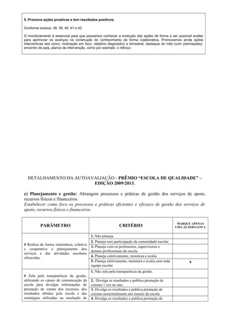 5. Promove ações proativas e tem resultados positivos. 
Conforme anexos: 38, 39, 40, 41 e 42. 
O monitoramento é essencial para que possamos conhecer a evolução das ações de forma a ser possível avaliar 
para aprimorar os avanços na construção do conhecimento de forma colaborativa. Promovemos ainda ações 
interventivas tais como: motivação em foco, relatório diagnóstico e bimestral, destaque do mês (com premiações), 
encontro de pais, planos de intervenção, como por exemplo, o reforço. 
DETALHAMENTO DA AUTOAVALIAÇÃO - PRÊMIO “ESCOLA DE QUALIDADE” – 
EDIÇÃO 2009/2013. 
c) Planejamento e gestão: Abrangem processos e práticas de gestão dos serviços de apoio, 
recursos físicos e financeiros. 
Estabelecer como foco os processos e práticas eficientes e eficazes de gestão dos serviços de 
apoio, recursos físicos e financeiros. 
PARÂMETRO CRITÉRIO MARQUE APENAS 
UMA ALTERNATIVA 
# Realiza de forma sistemática, coletiva 
e cooperativa o planejamento dos 
serviços e das atividades escolares 
oferecidas. 
1. Não planeja. 
2. Planeja sem participação da comunidade escolar. 
3. Planeja com os professores, supervisores e 
demais profissionais da escola. 
4. Planeja coletivamente, monitora e avalia 
5. Planeja efetivamente, monitora e avalia com toda 
equipe escolar 
x 
# Zela pela transparência da gestão, 
utilizando os canais de comunicação da 
escola para divulgar informações de 
prestação de contas dos recursos, dos 
resultados obtidos pela escola e das 
estratégias utilizadas na resolução de 
1. Não zela pela transparência da gestão. 
2.. Divulga os resultados e publica prestação de 
constas 1 vez no ano. 
3. Divulga os resultados e publica prestação de 
constas semestralmente nos murais da escola 
4. Divulga os resultados e publica prestação de 
 